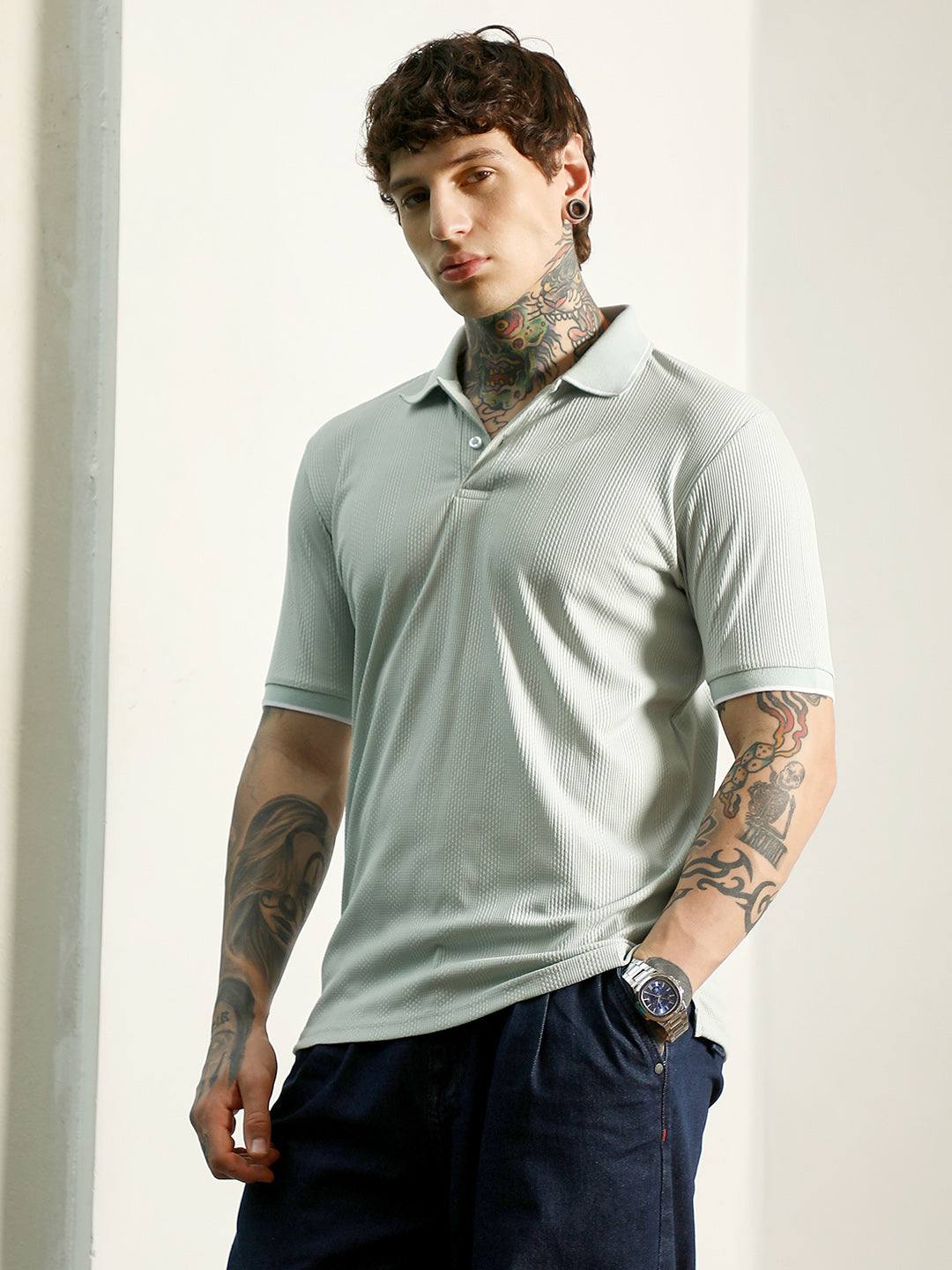 Light Green Textured Polo T-Shirt - Slim Fit, Breathable Poly-Spandex Blend