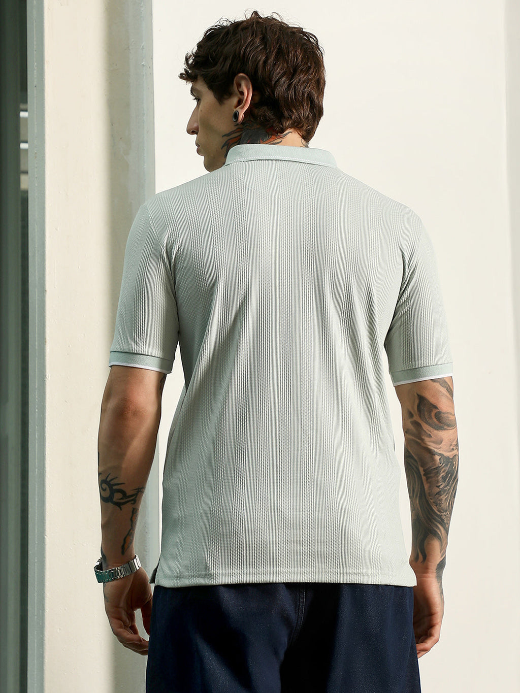 Light Green Textured Polo T-Shirt - Slim Fit, Breathable Poly-Spandex Blend