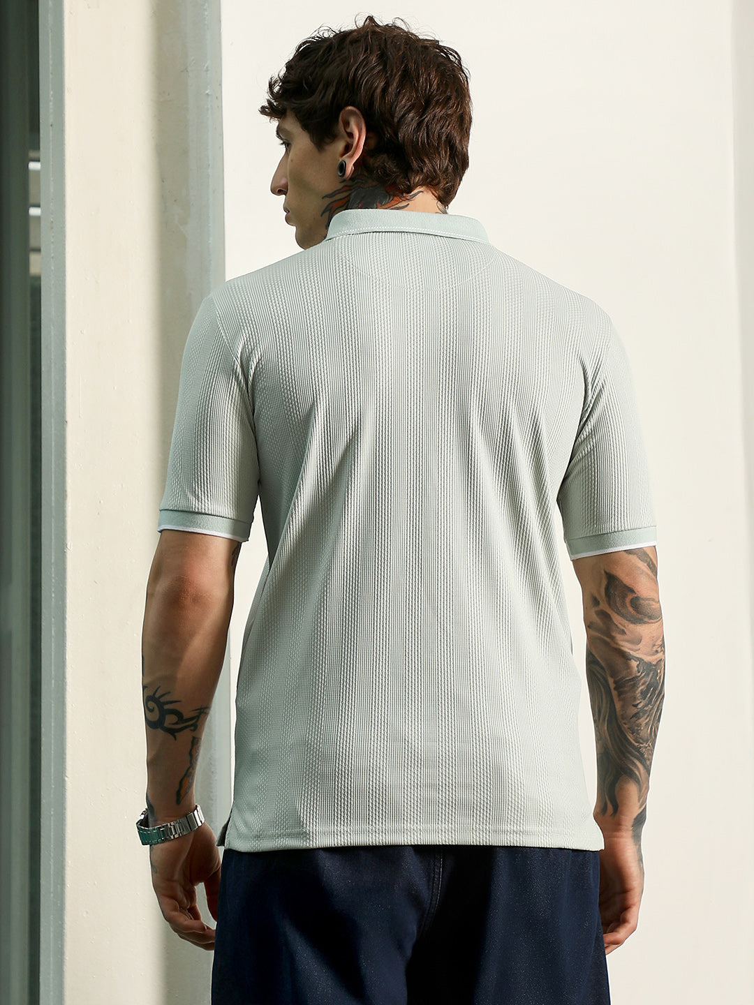 Light Green Textured Polo T-Shirt - Slim Fit, Breathable Poly-Spandex Blend