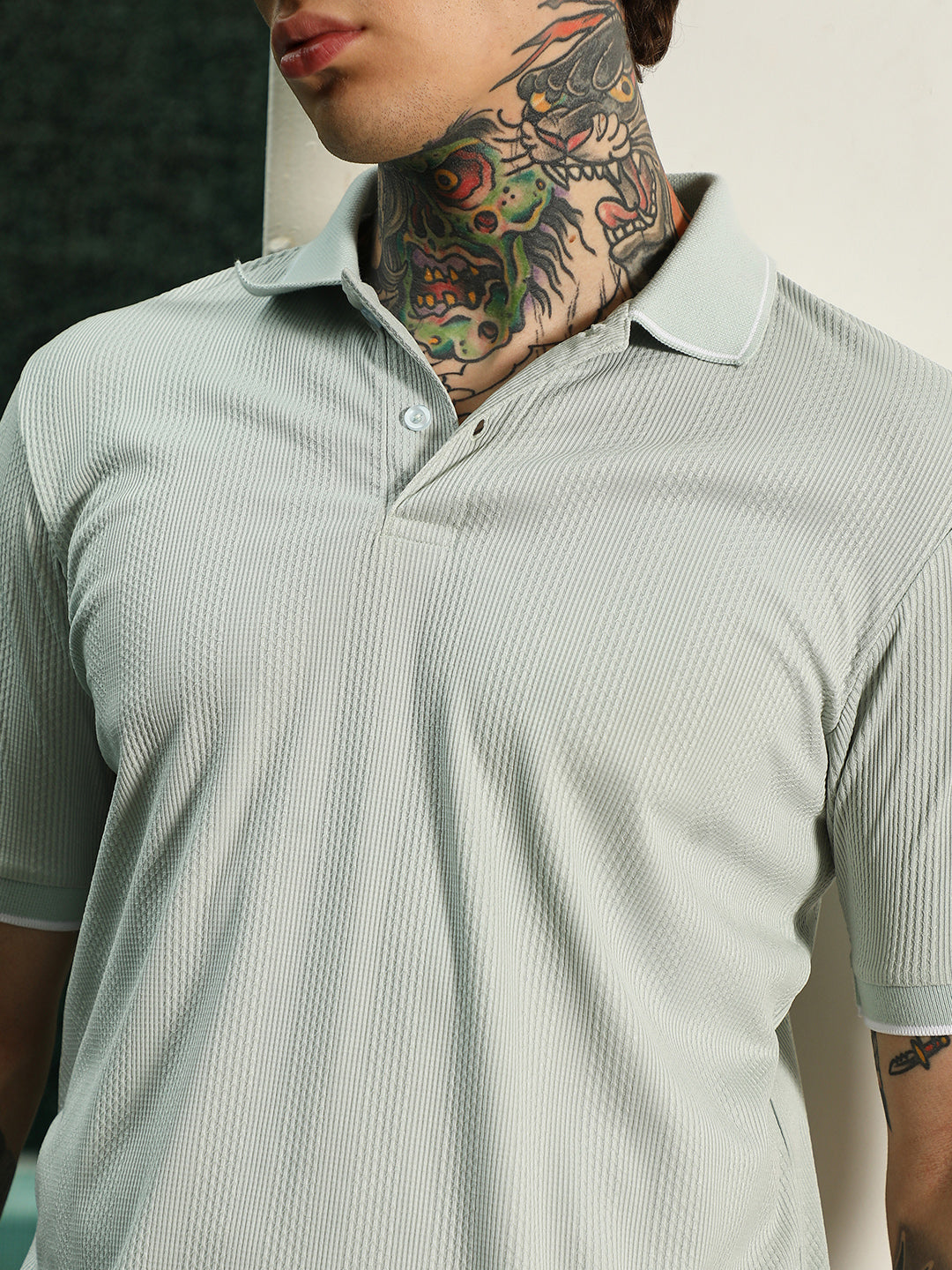 Light Green Textured Polo T-Shirt - Slim Fit, Breathable Poly-Spandex Blend