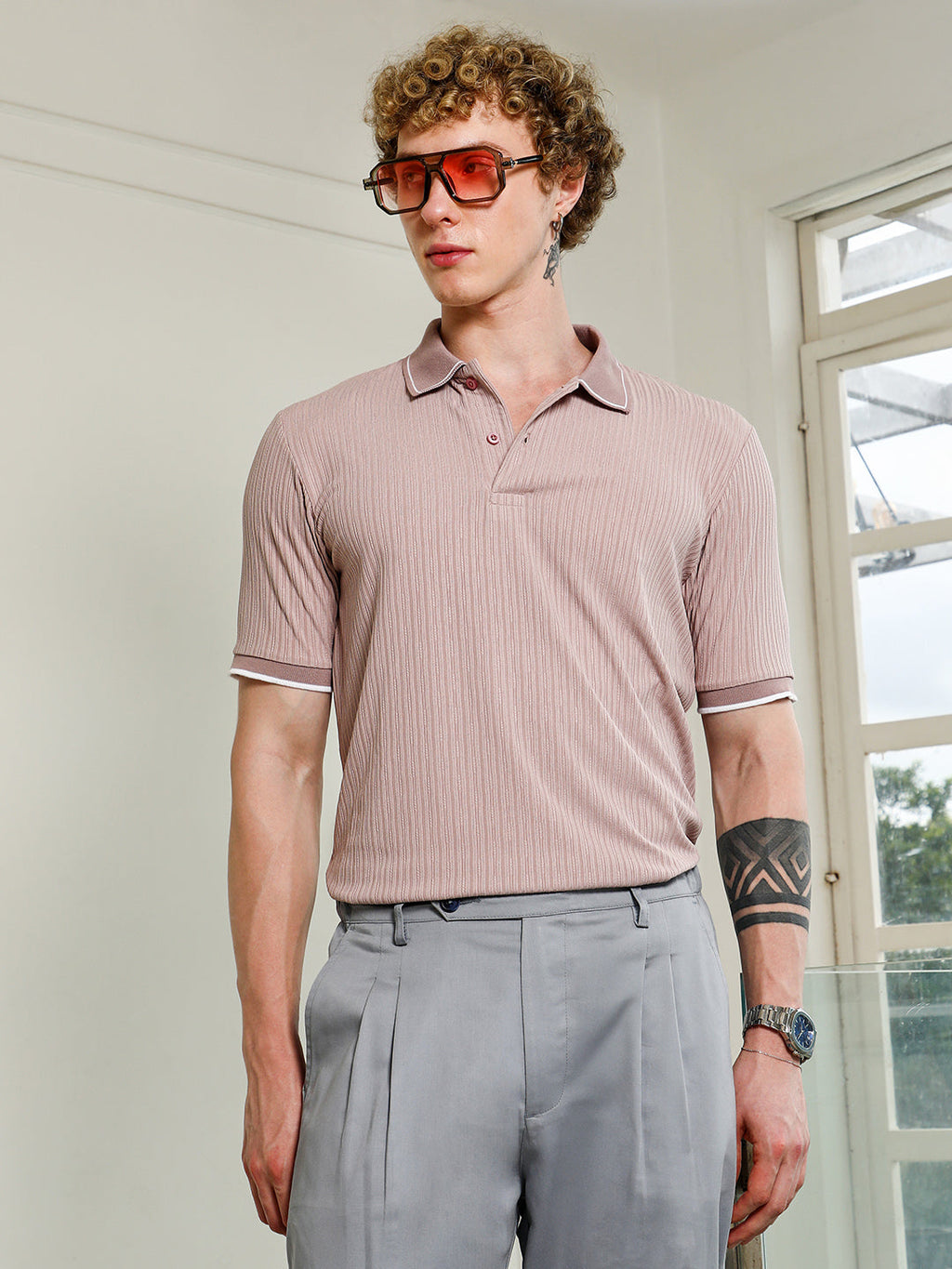 Light Pink Textured Polo T-shirt with Contrast Detailing
