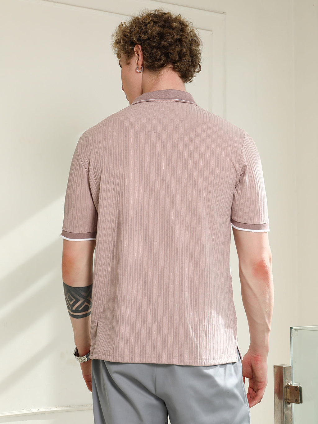 Light Pink Textured Polo T-shirt with Contrast Detailing