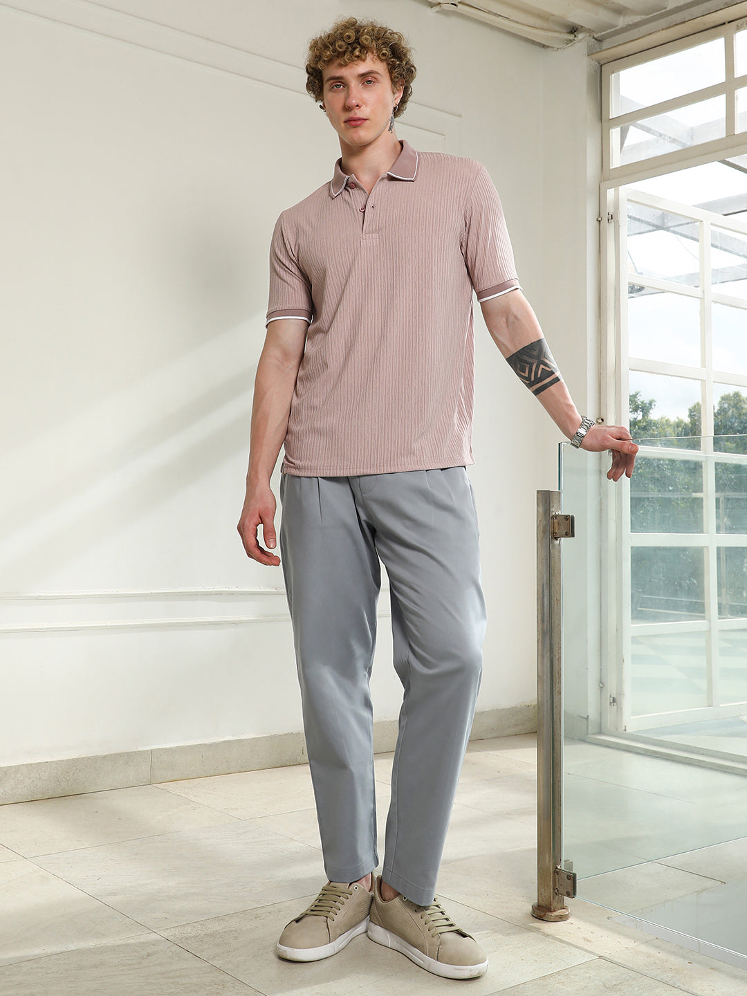 Light Pink Textured Polo T-shirt with Contrast Detailing