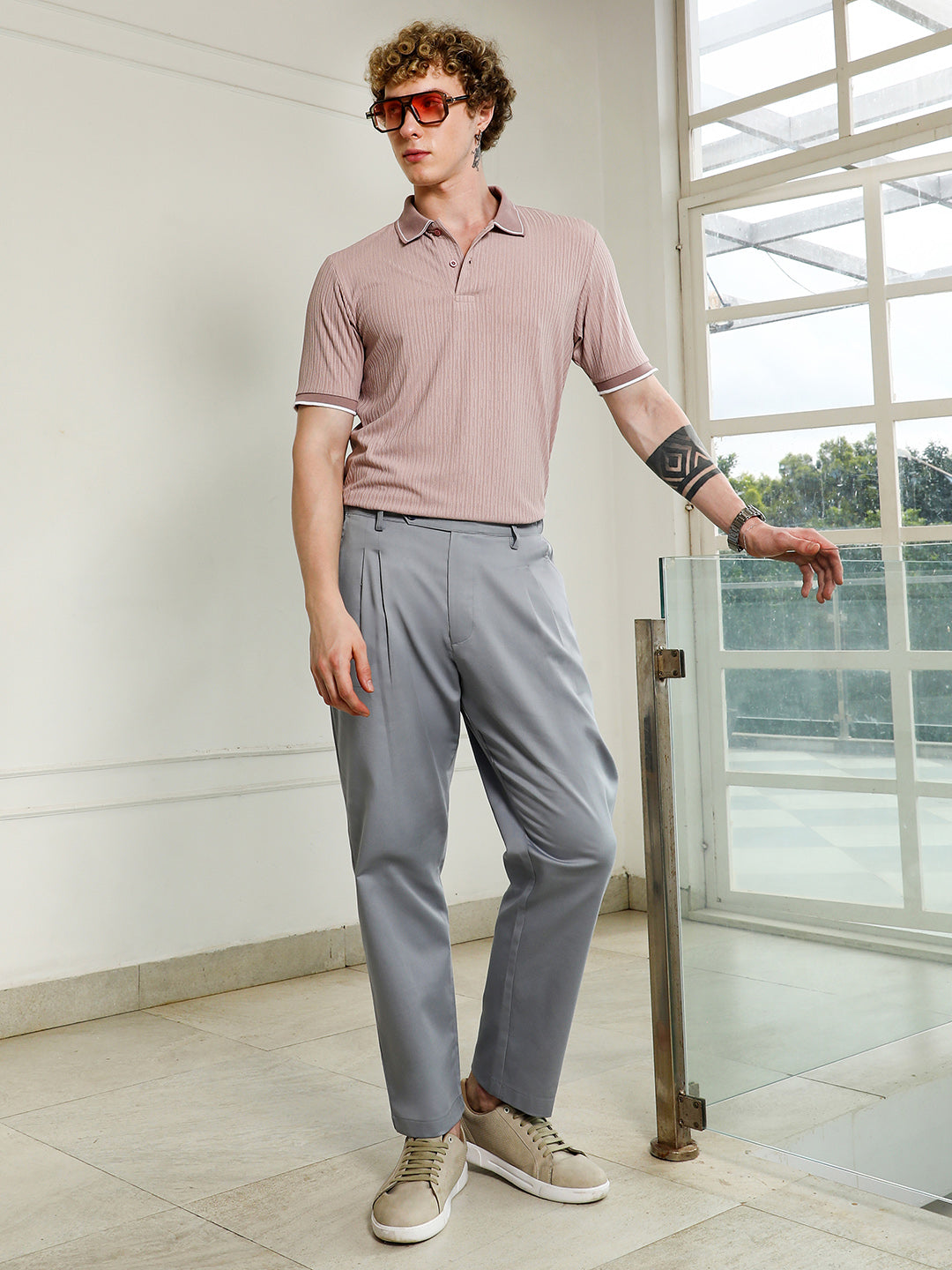 Light Pink Textured Polo T-shirt with Contrast Detailing