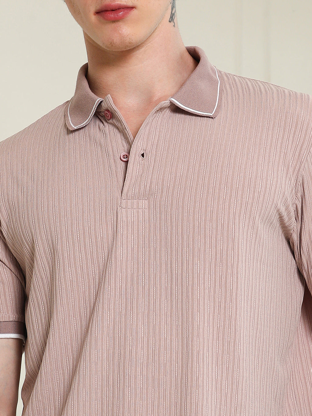 Light Pink Textured Polo T-shirt with Contrast Detailing