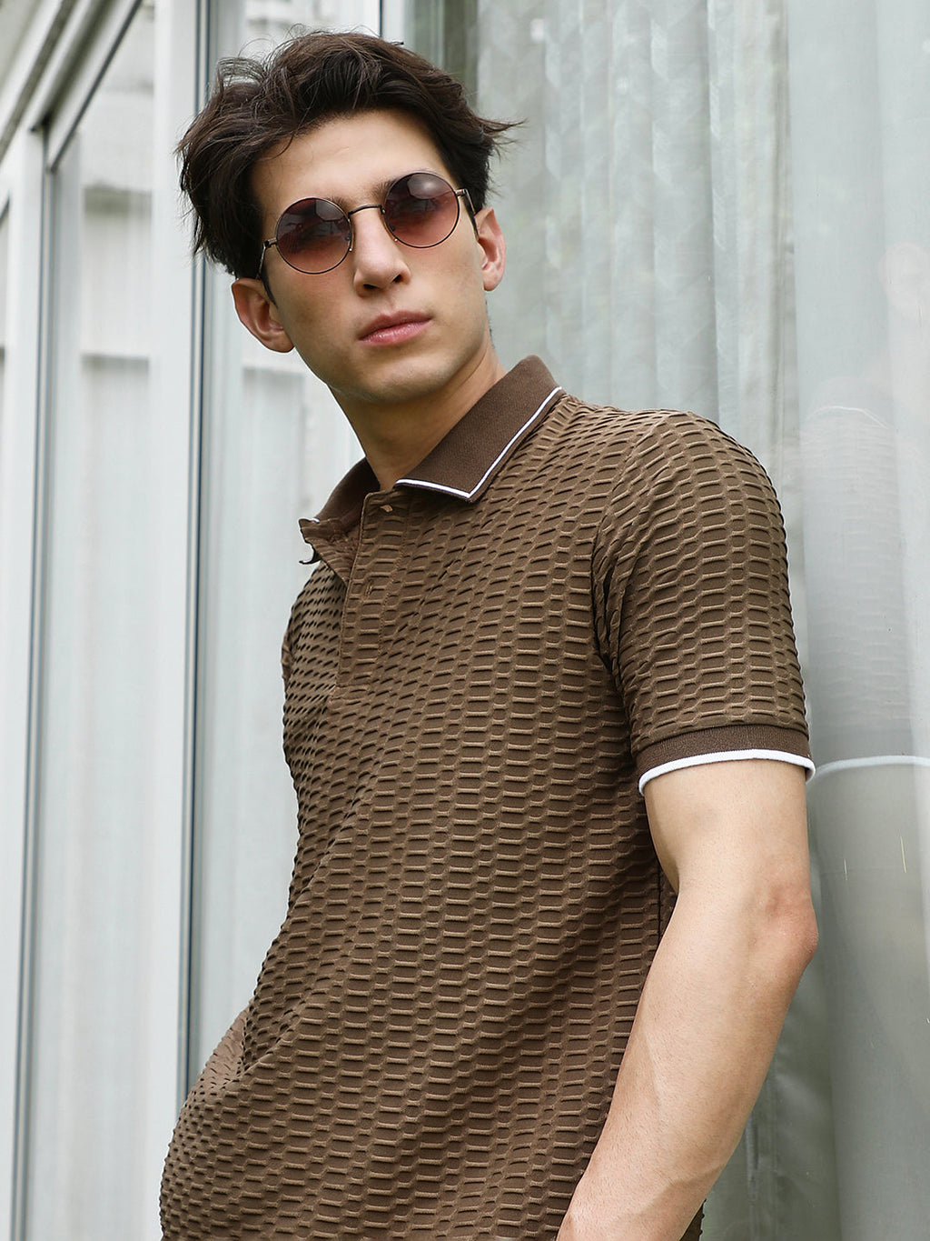 Brown Textured Polo T-shirt with Contrasting Accents
