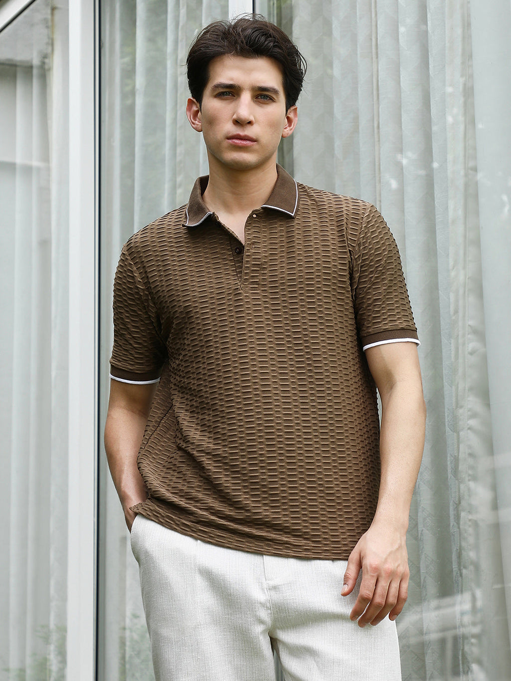 Brown Textured Polo T-shirt with Contrasting Accents