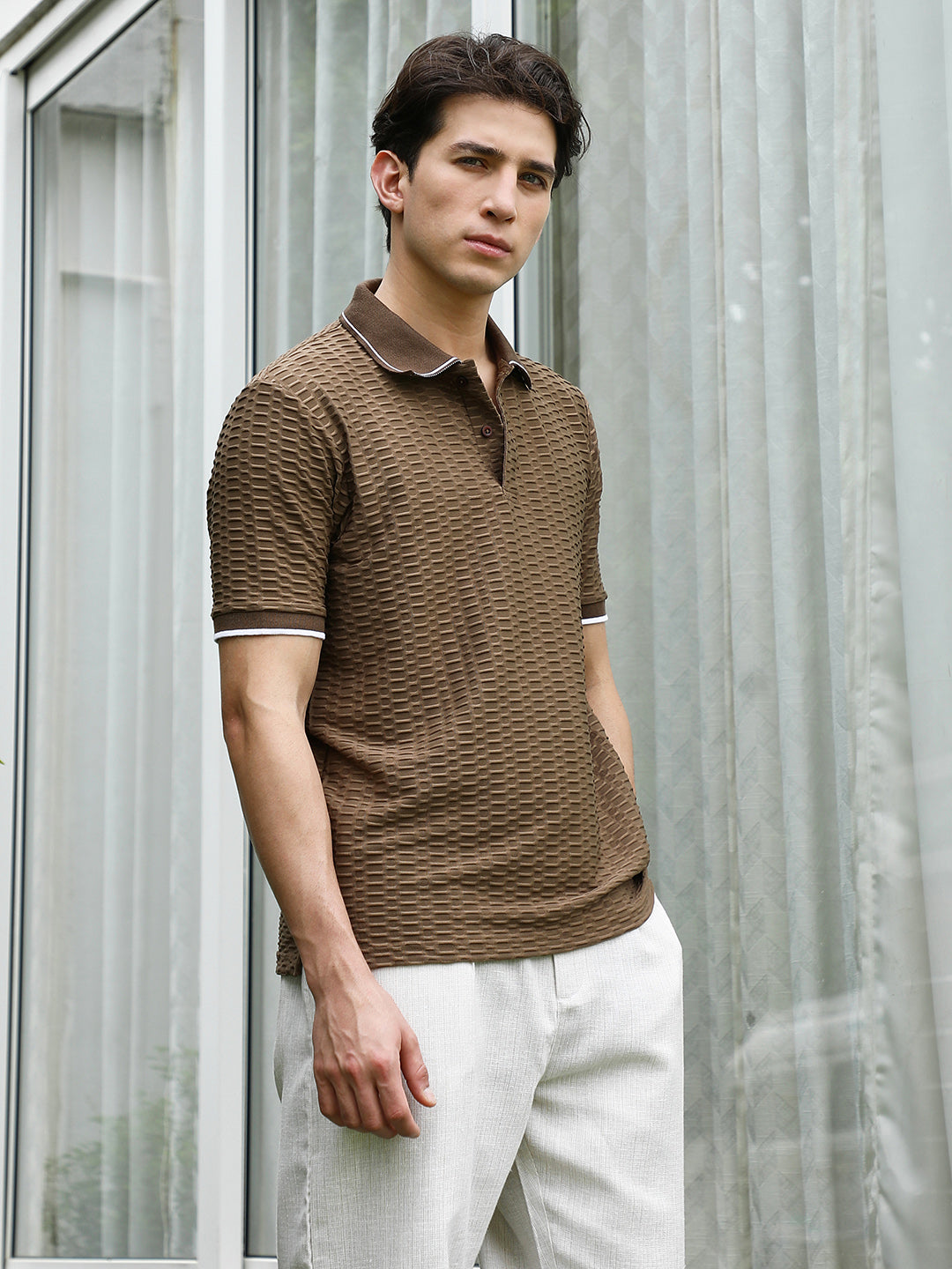 Brown Textured Polo T-shirt with Contrasting Accents