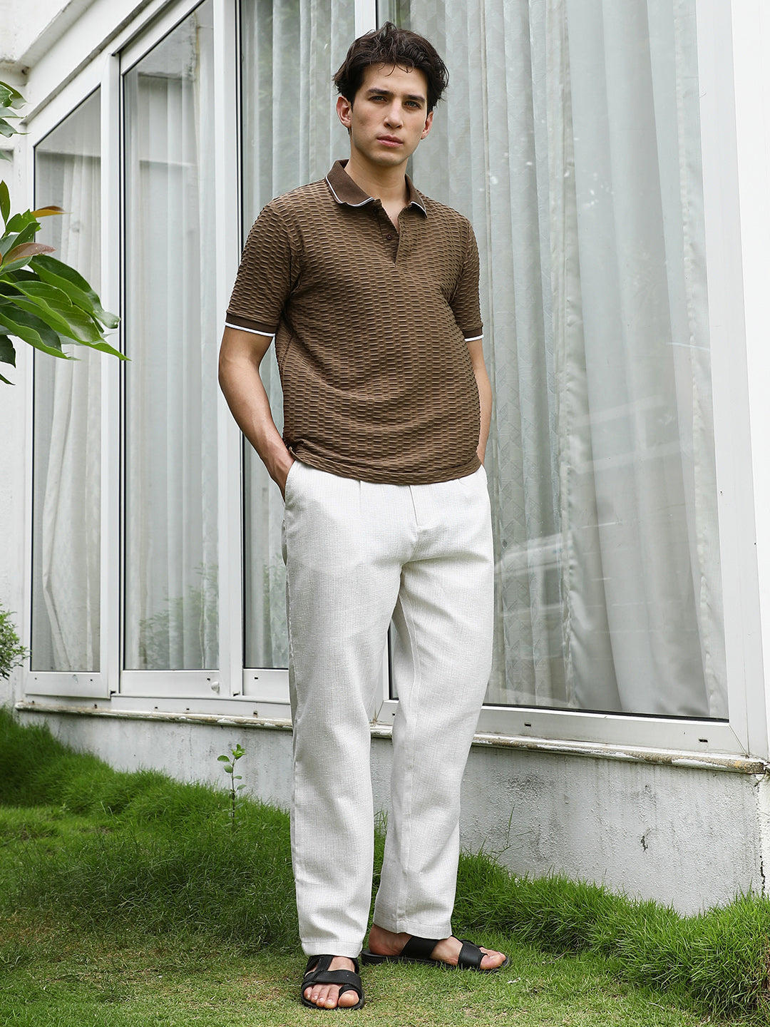 Brown Textured Polo T-shirt with Contrasting Accents