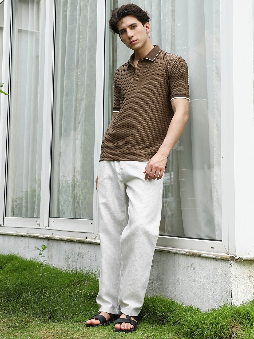Brown Textured Polo T-shirt with Contrasting Accents