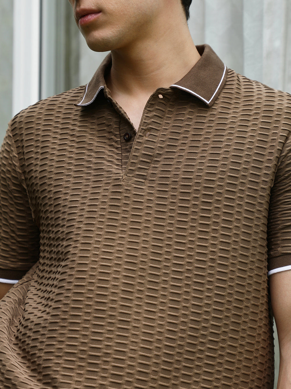 Brown Textured Polo T-shirt with Contrasting Accents