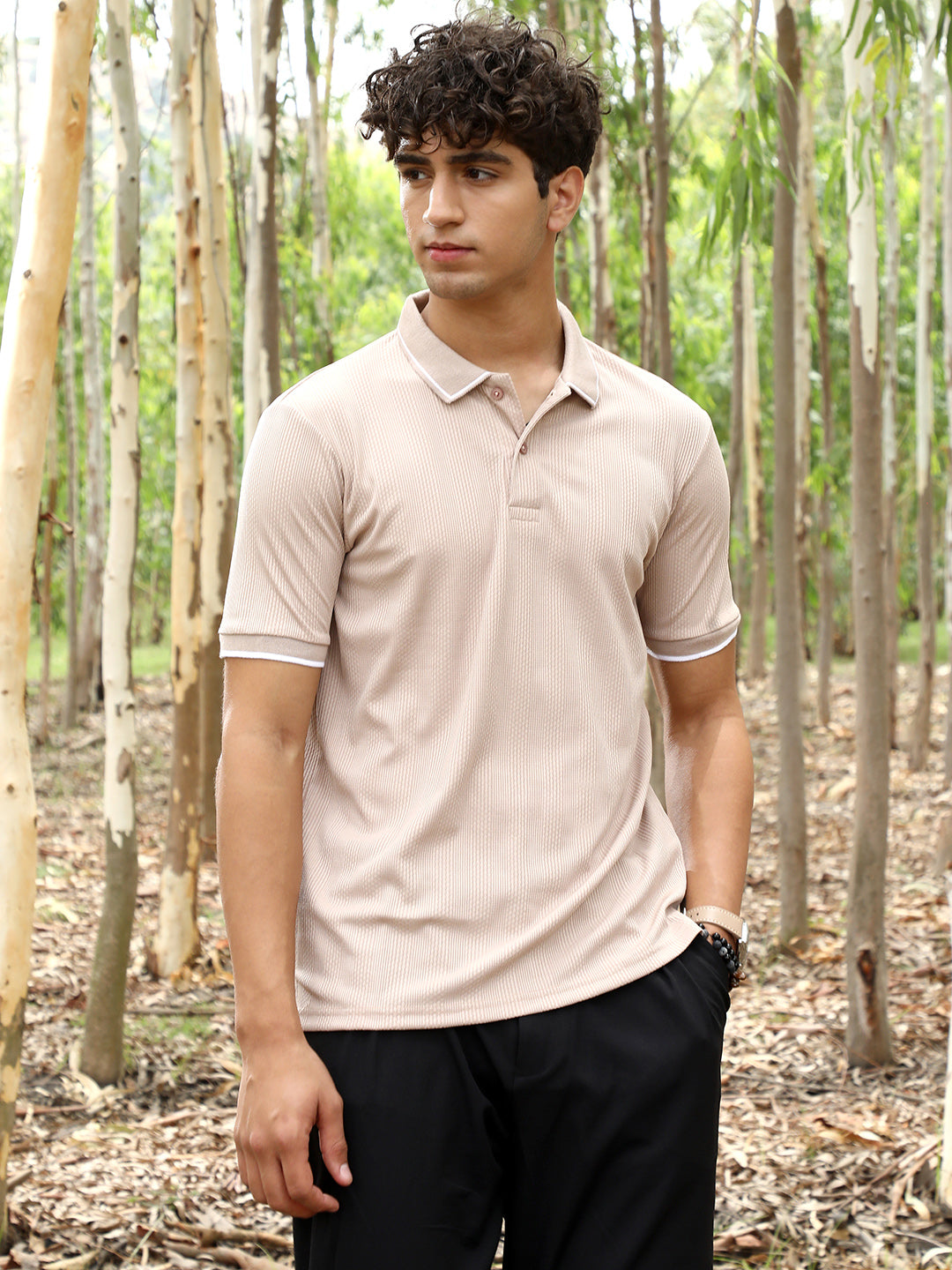 Ribbed-Vined Textured Polo T-Shirt