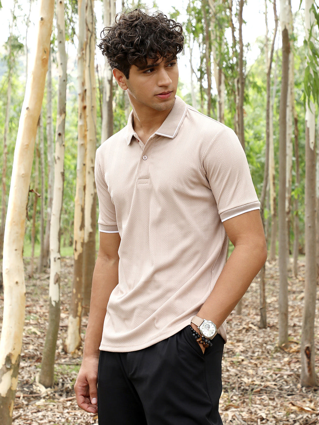 Ribbed-Vined Textured Polo T-Shirt