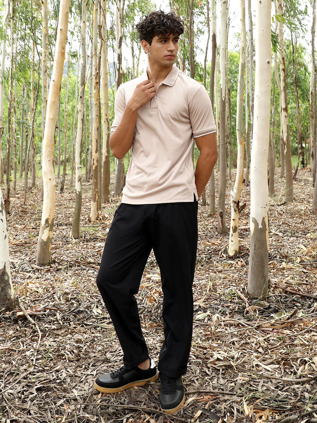 Ribbed-Vined Textured Polo T-Shirt