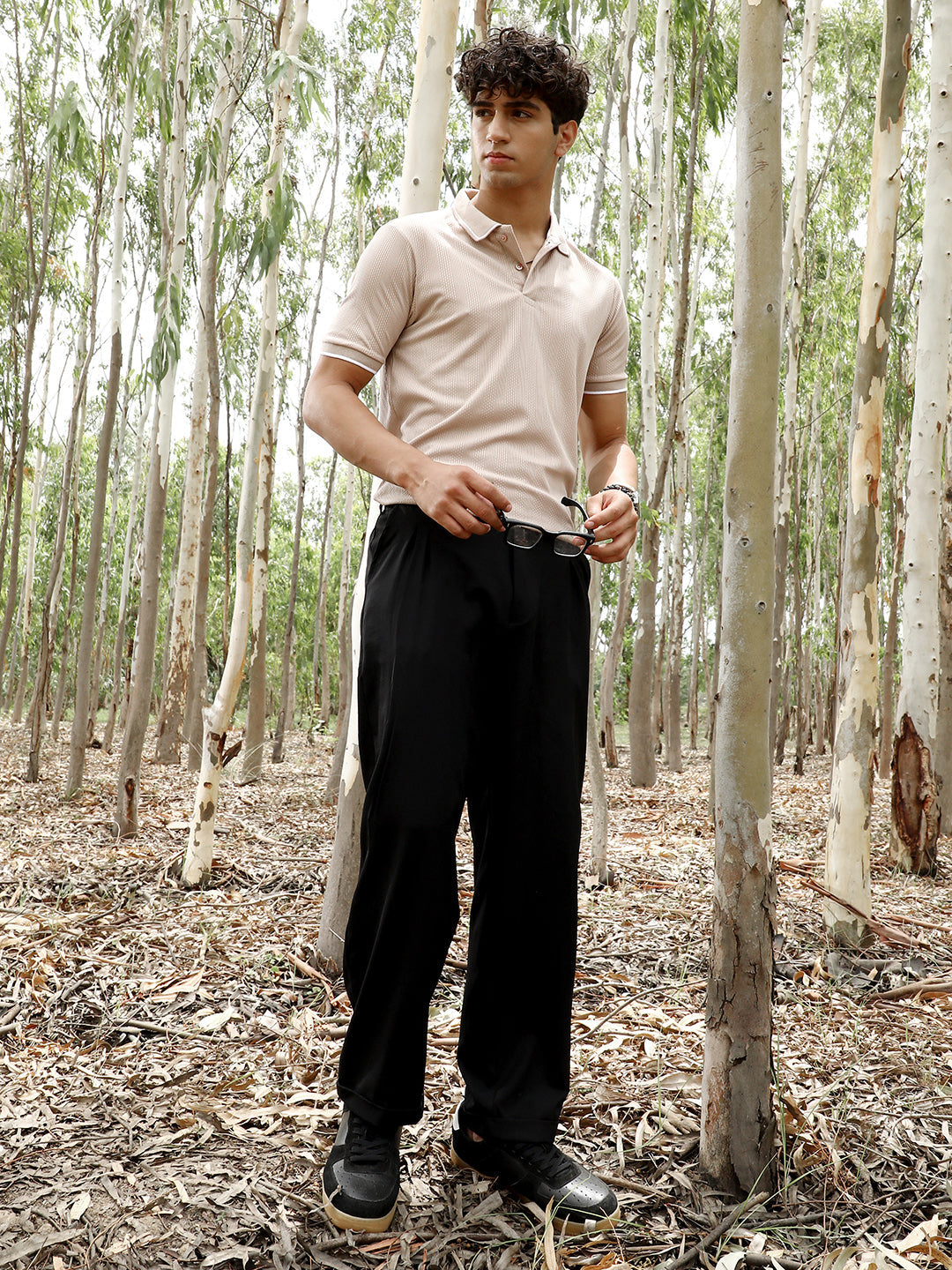 Ribbed-Vined Textured Polo T-Shirt