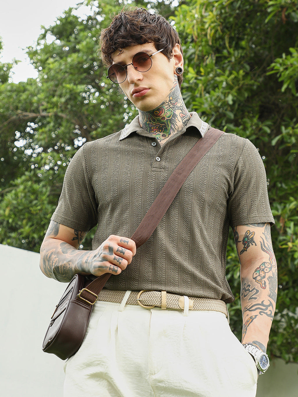 Olive Green Textured Polo T-shirt for Men