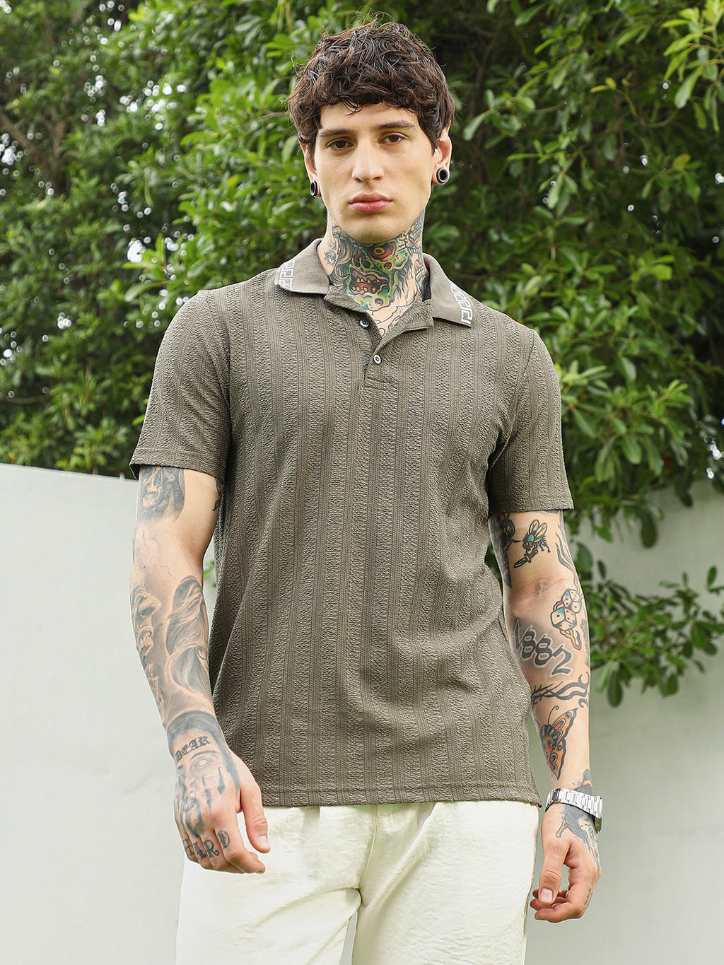 Olive Green Textured Polo T-shirt for Men