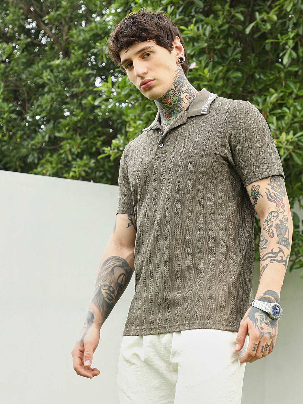 Olive Green Textured Polo T-shirt for Men
