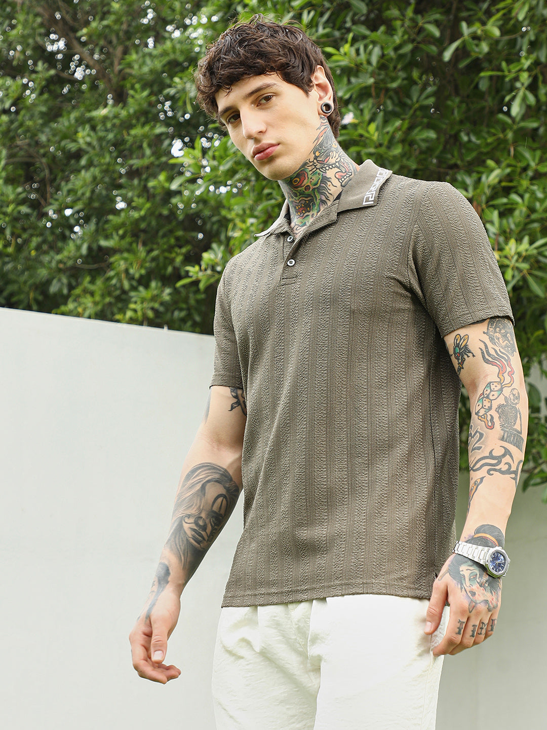 Olive Green Textured Polo T-shirt for Men