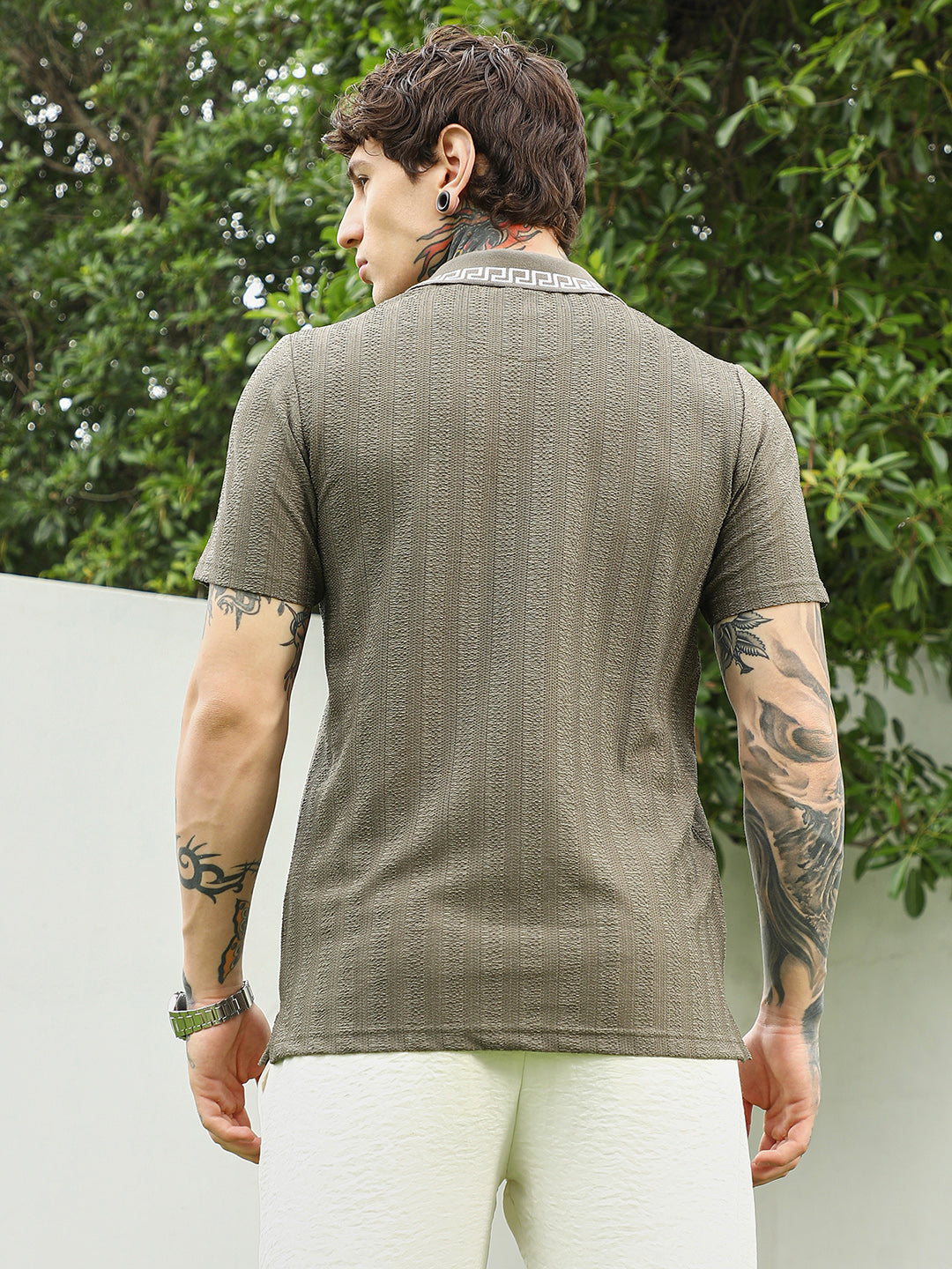 Olive Green Textured Polo T-shirt for Men