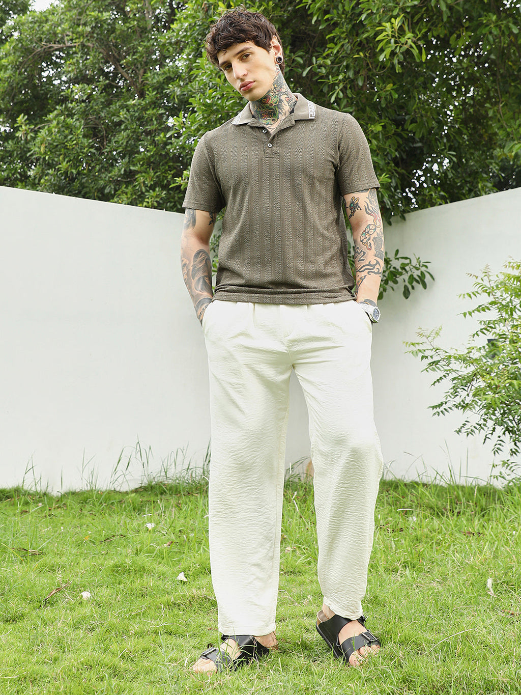 Olive Green Textured Polo T-shirt for Men