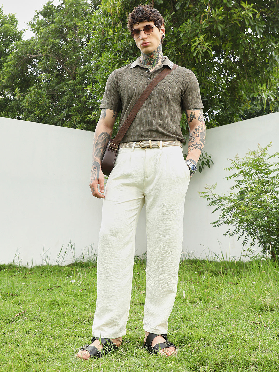 Olive Green Textured Polo T-shirt for Men