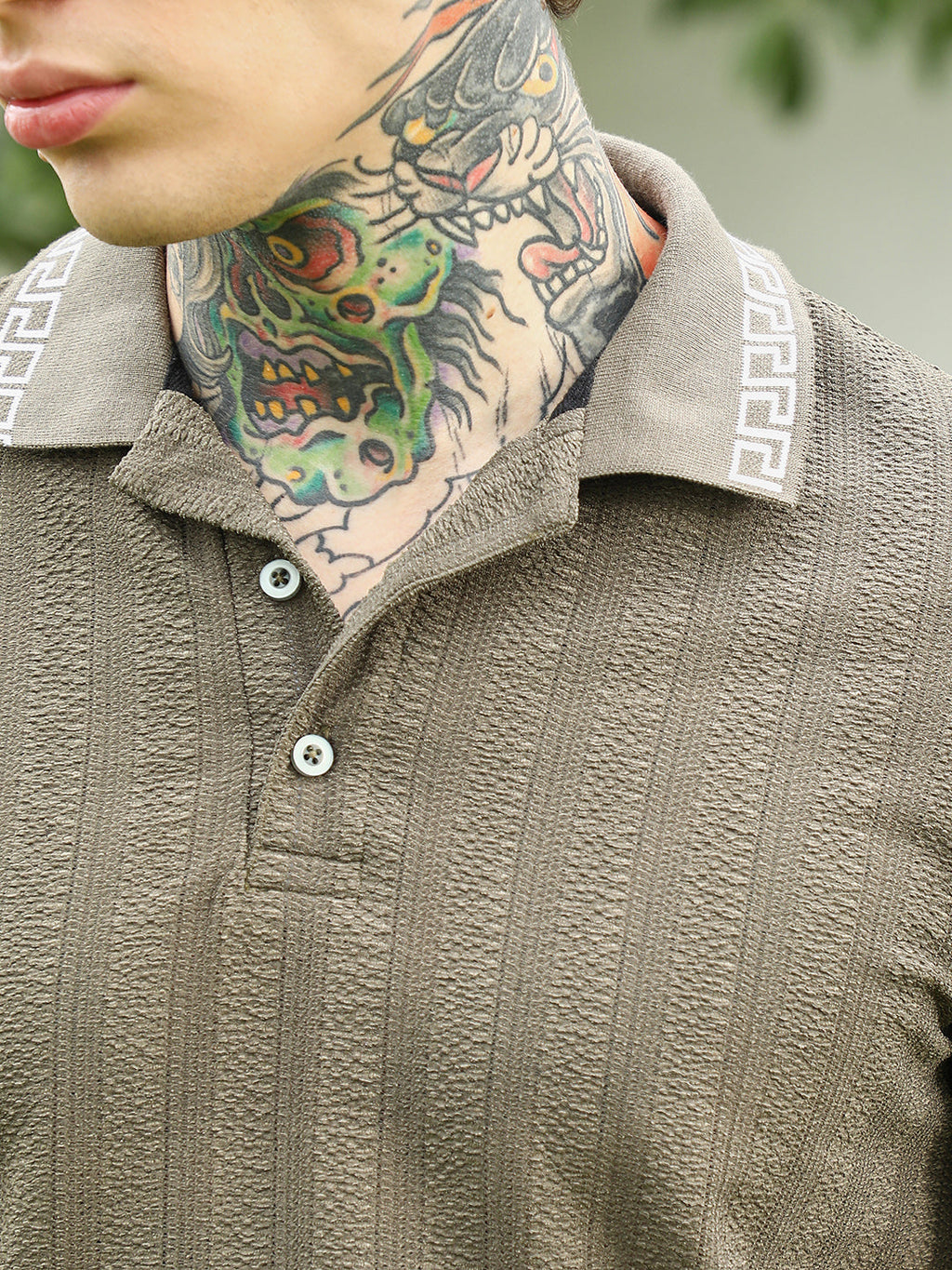 Olive Green Textured Polo T-shirt for Men