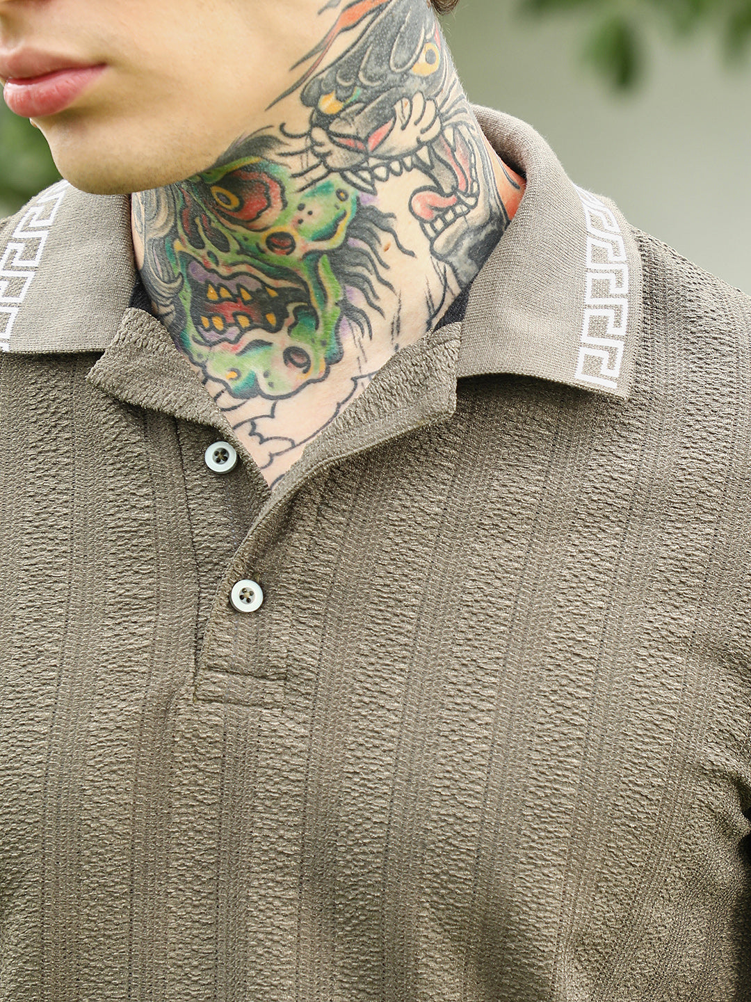 Olive Green Textured Polo T-shirt for Men