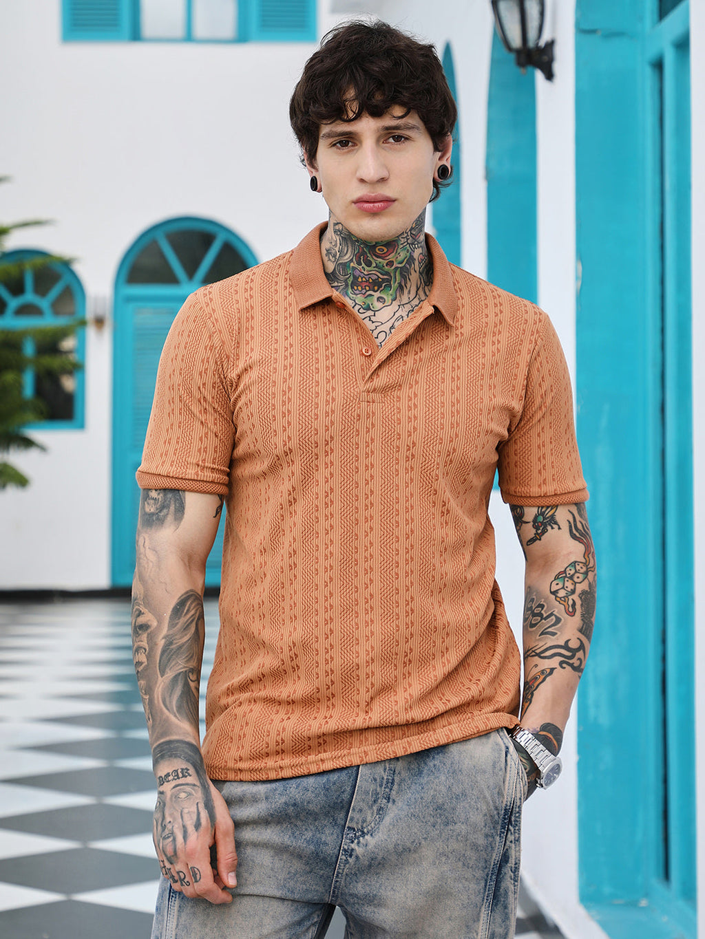 Geometric-Folk Knitted Polo T-Shirt
