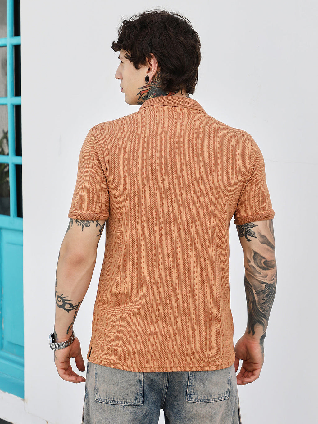 Geometric-Folk Knitted Polo T-Shirt