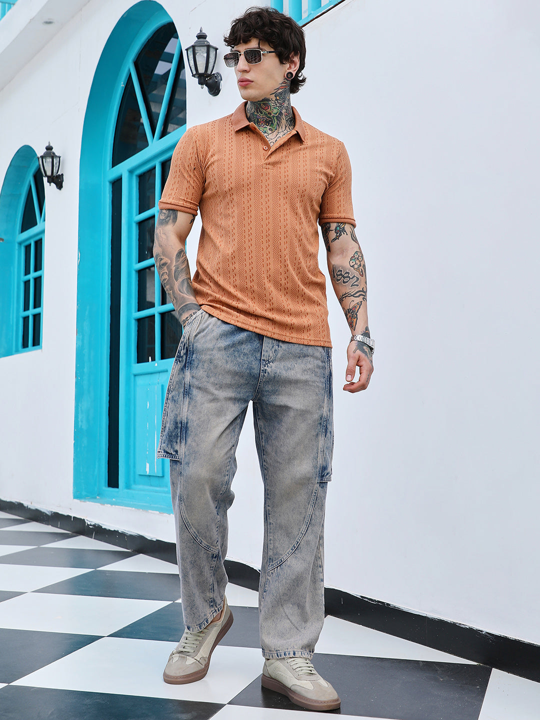 Geometric-Folk Knitted Polo T-Shirt