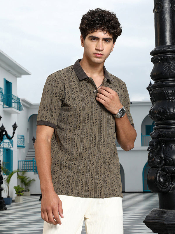 Geometric-Folk Knitted Polo T-Shirt