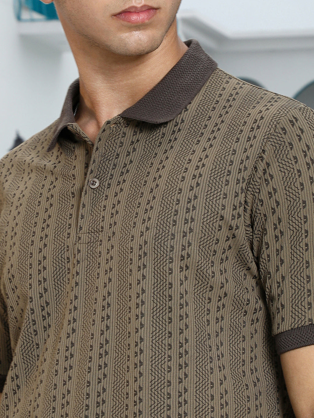 Geometric-Folk Knitted Polo T-Shirt