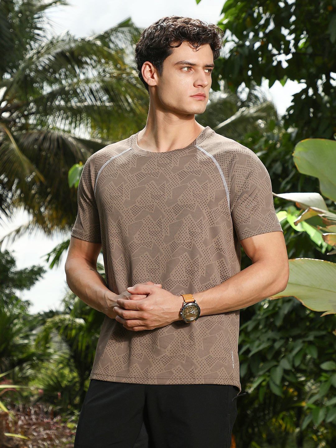 Mocha Brown Abstract-Imprint Activewear T-Shirt