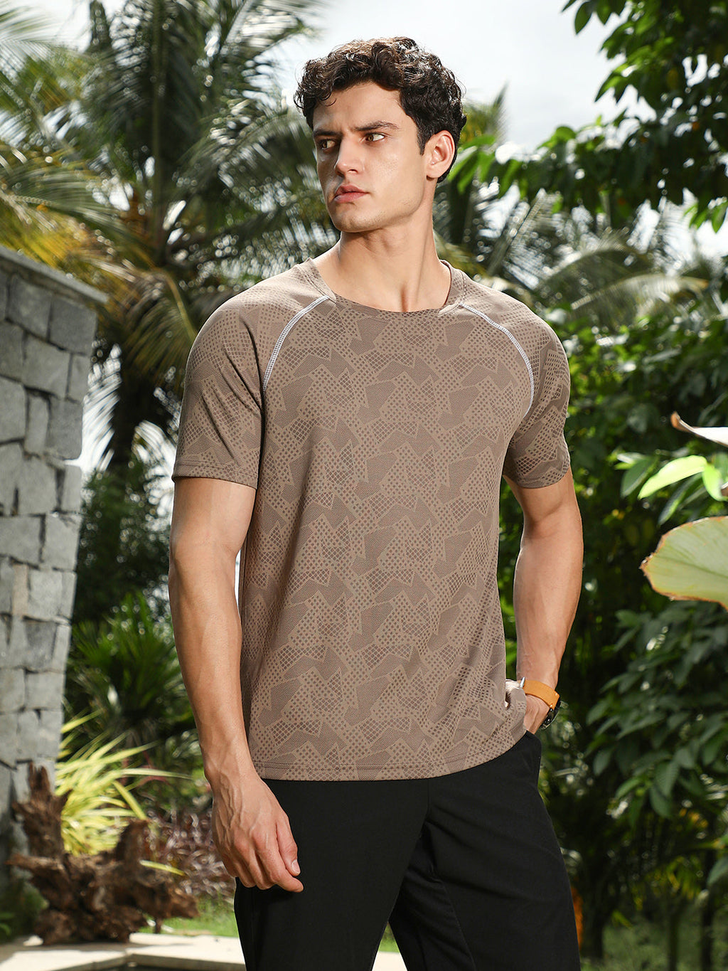 Mocha Brown Abstract-Imprint Activewear T-Shirt