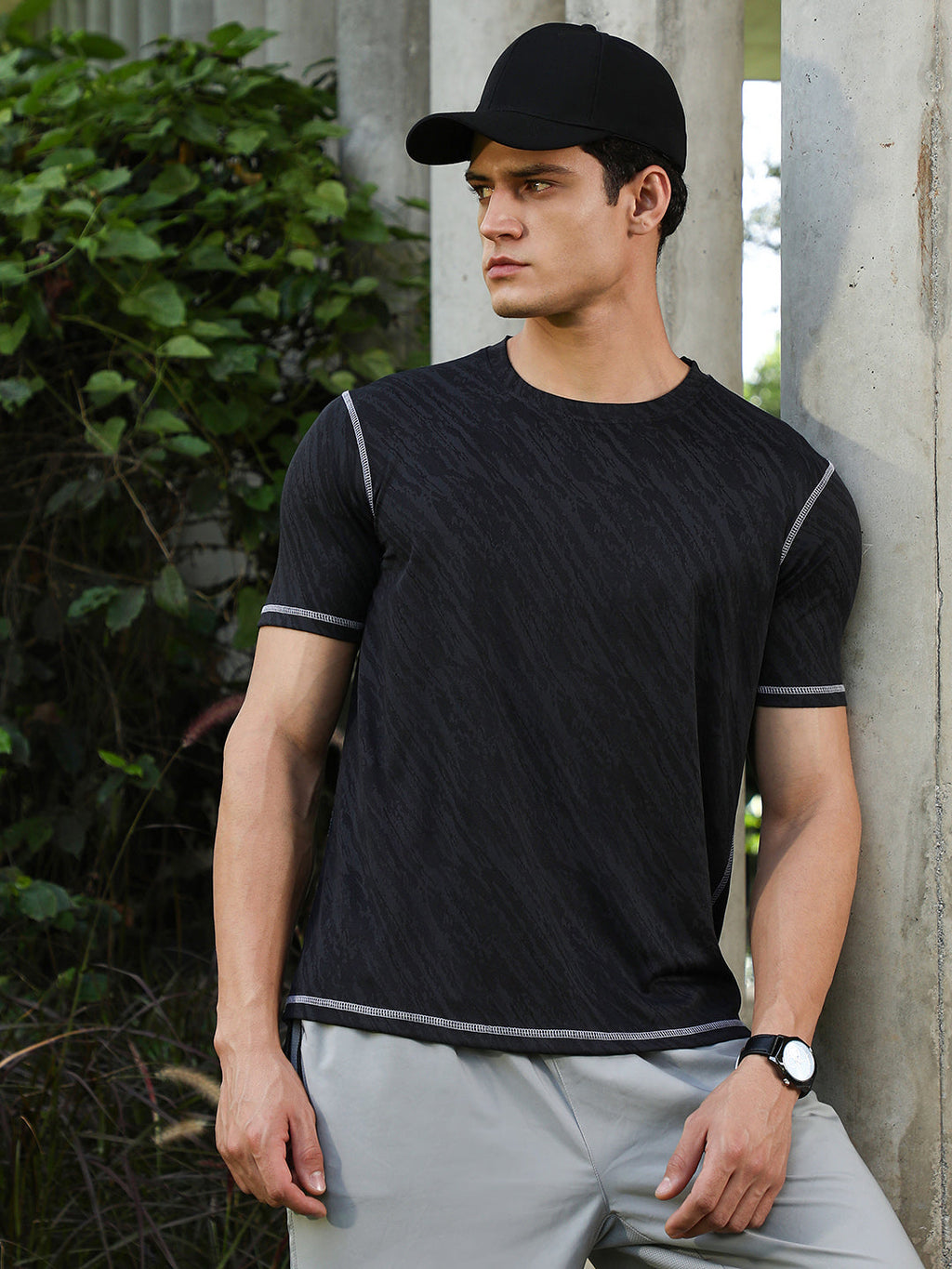 Onyx Black Plash-Imprint Activewear T-Shirt