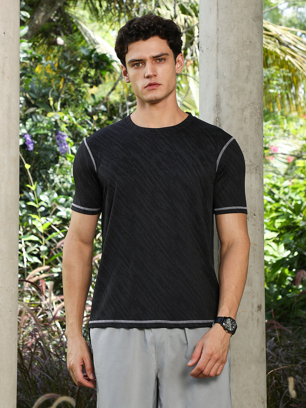 Onyx Black Plash-Imprint Activewear T-Shirt