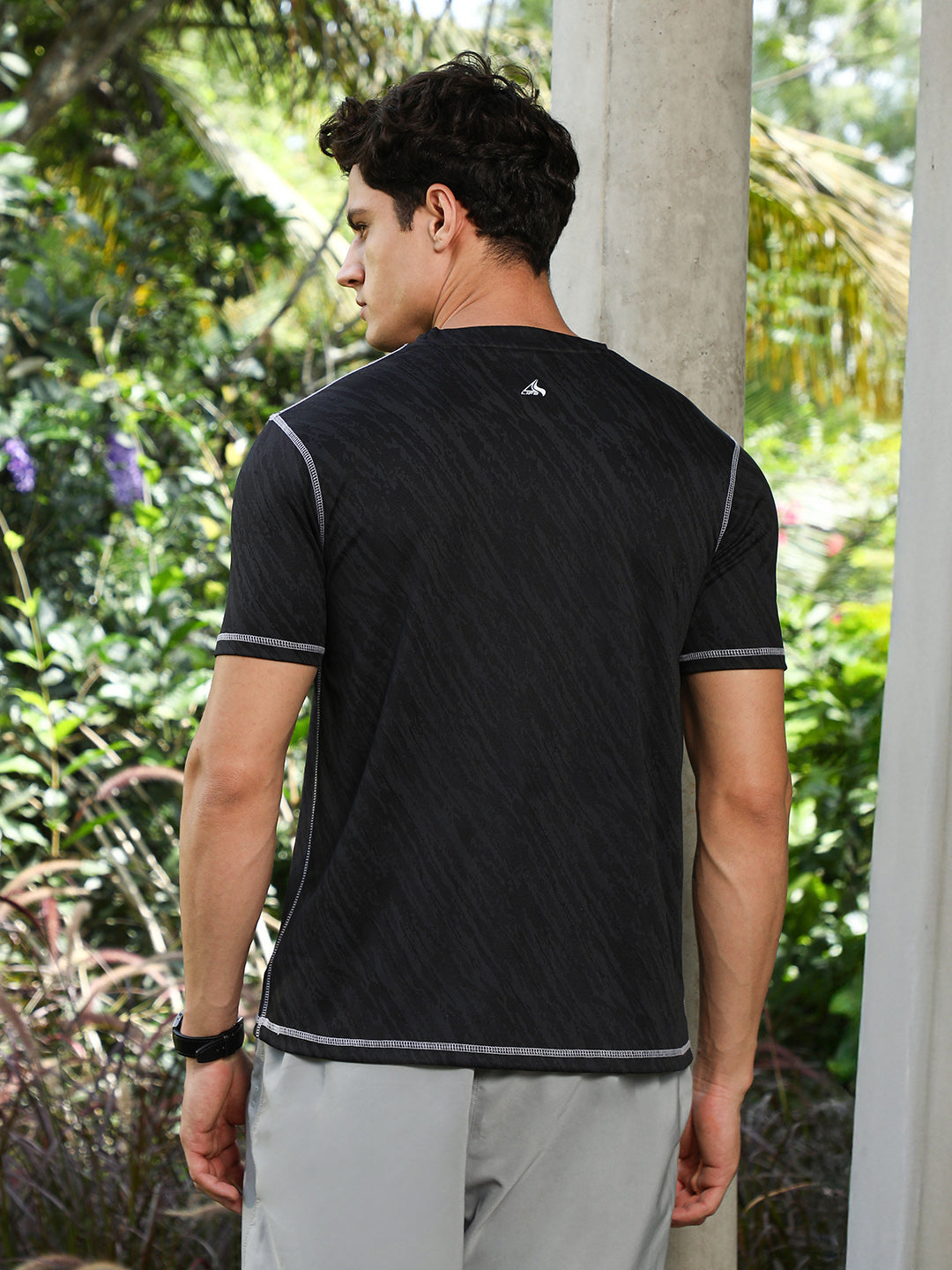 Onyx Black Plash-Imprint Activewear T-Shirt