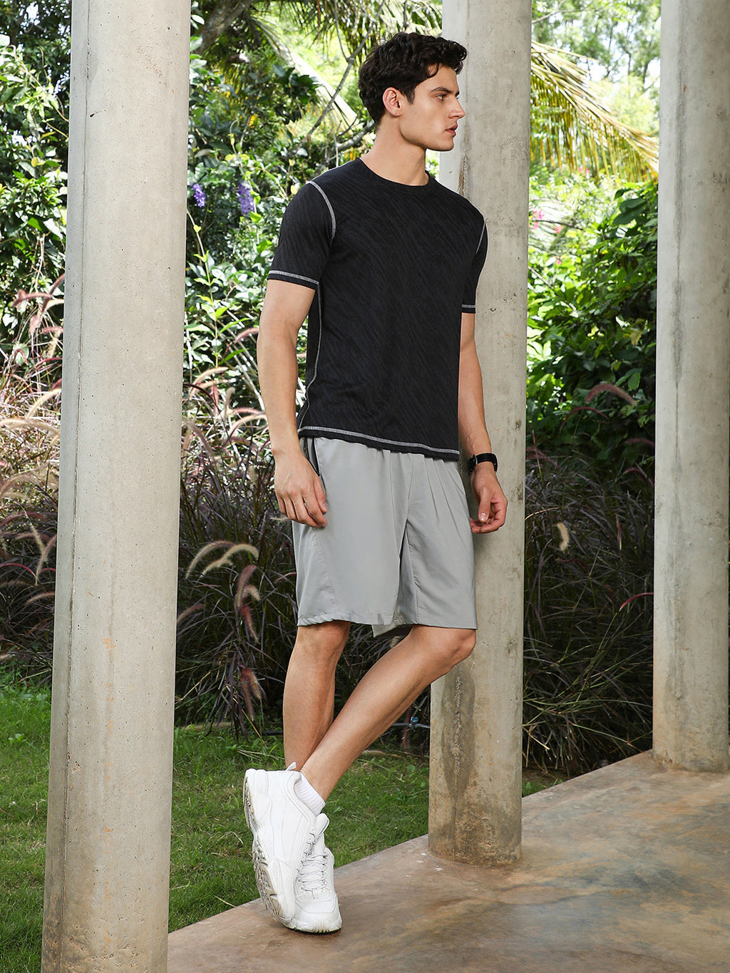 Onyx Black Plash-Imprint Activewear T-Shirt