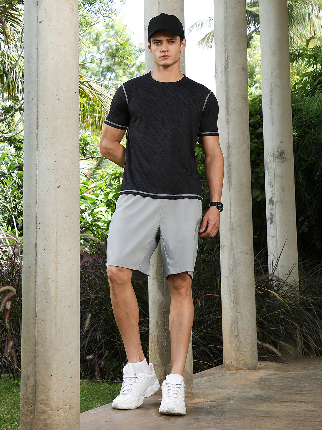 Onyx Black Plash-Imprint Activewear T-Shirt