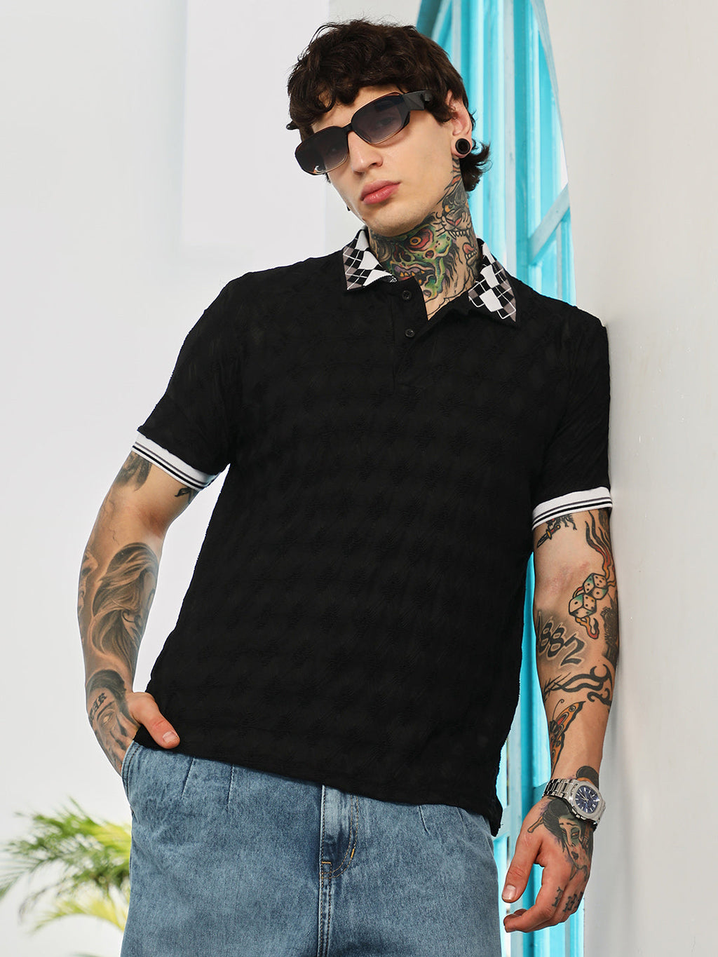 Block Argyle-Knit Polo T-Shirt
