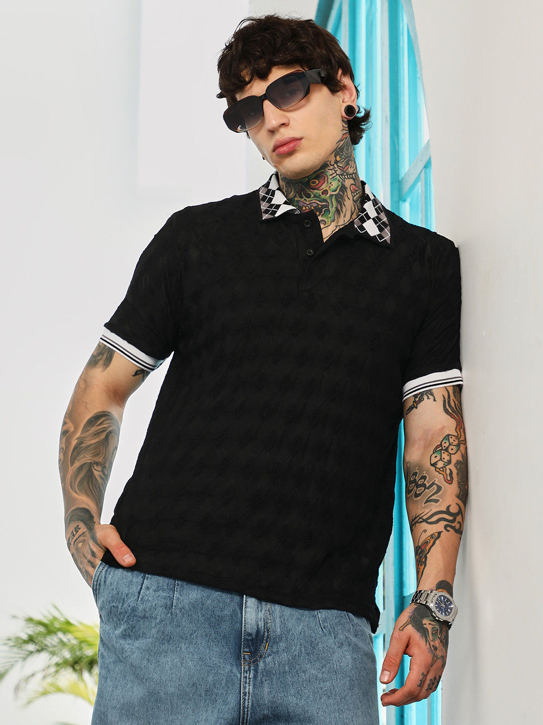 Block Argyle-Knit Polo T-Shirt