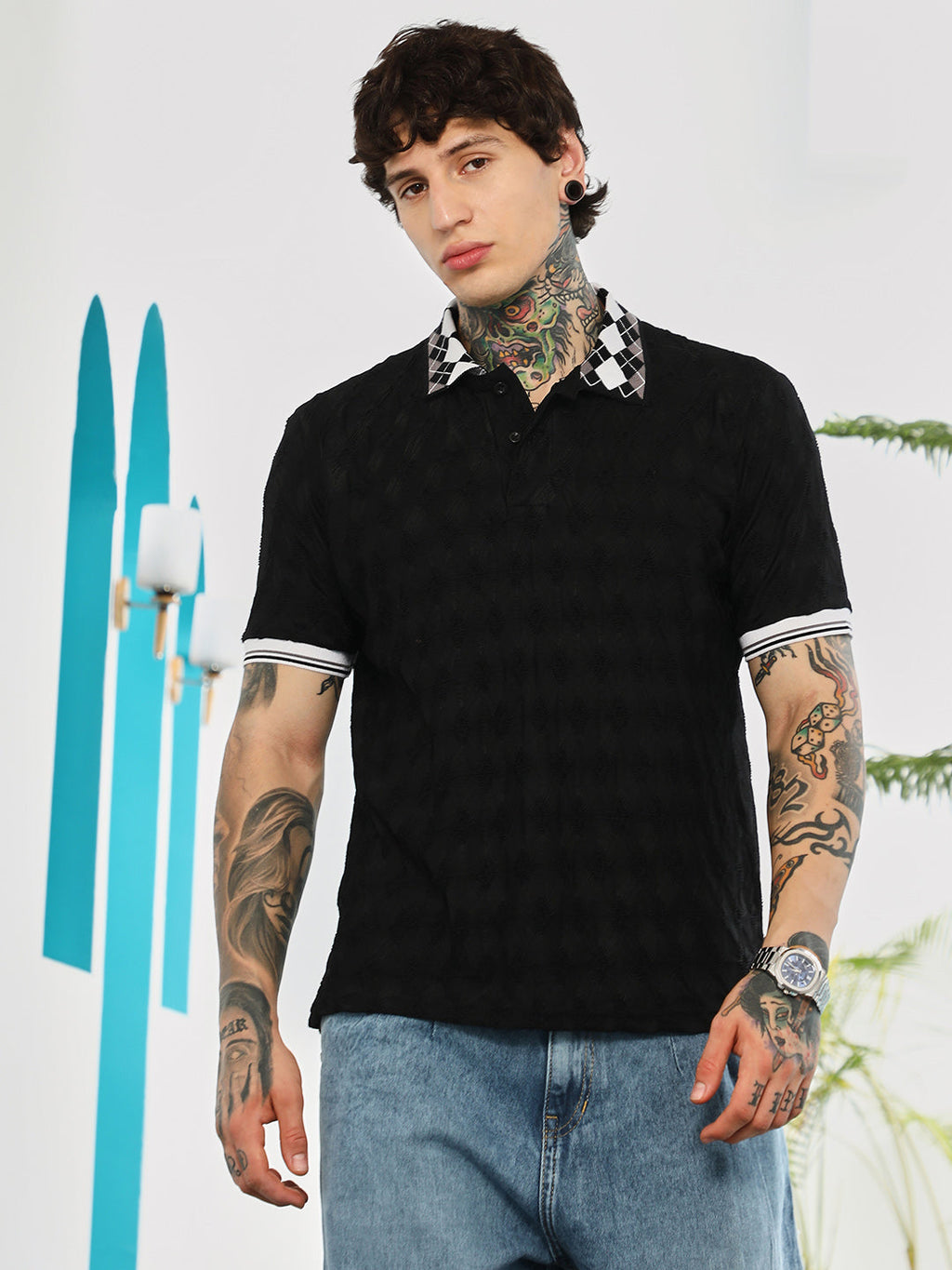 Block Argyle-Knit Polo T-Shirt
