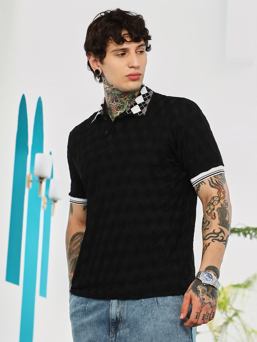 Block Argyle-Knit Polo T-Shirt