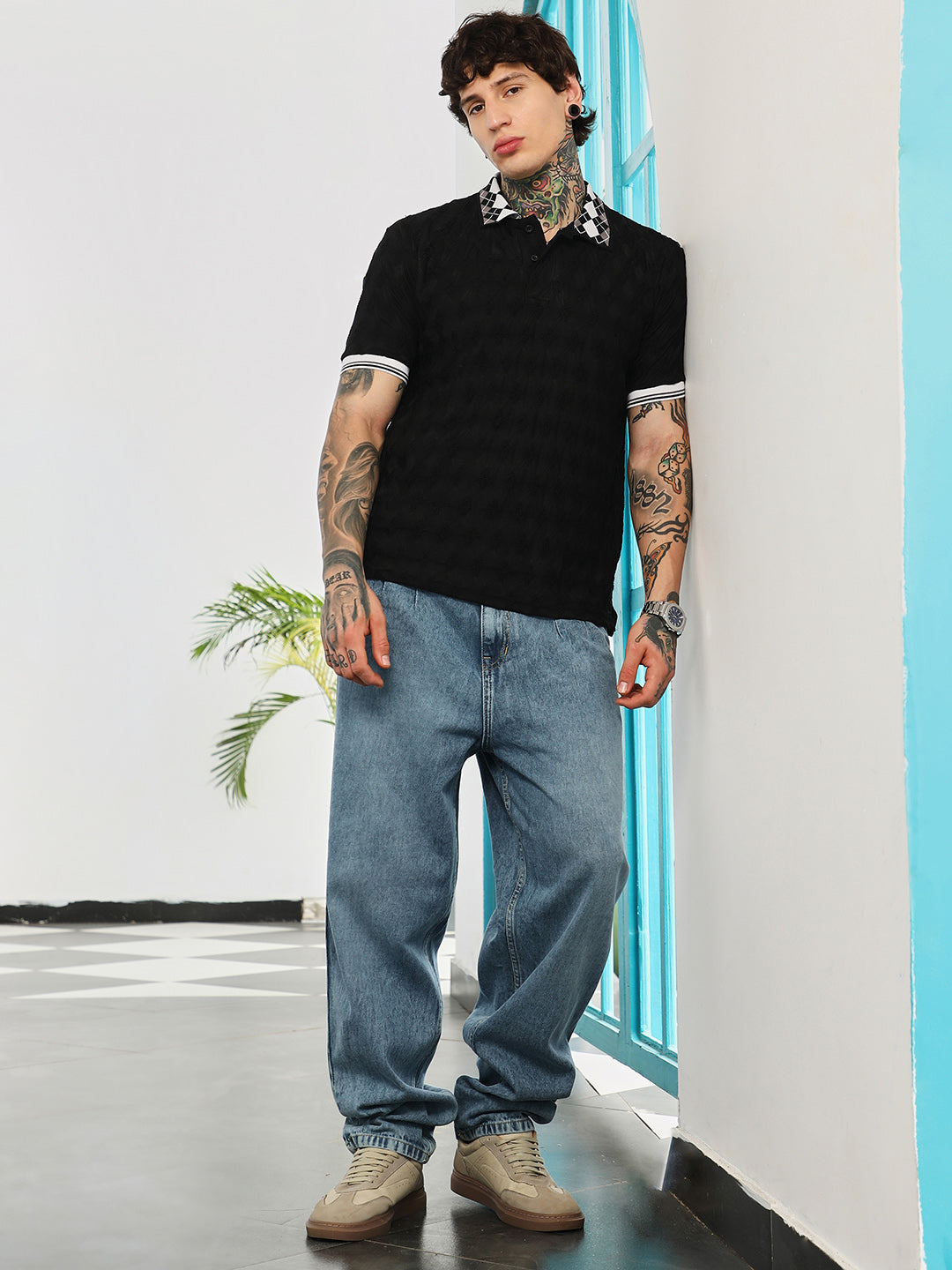 Block Argyle-Knit Polo T-Shirt