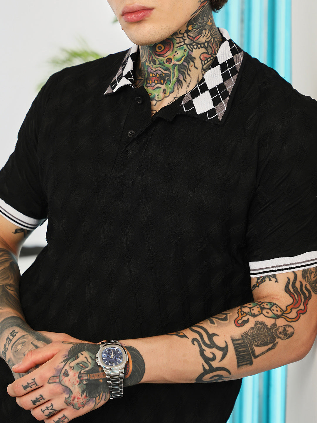 Block Argyle-Knit Polo T-Shirt