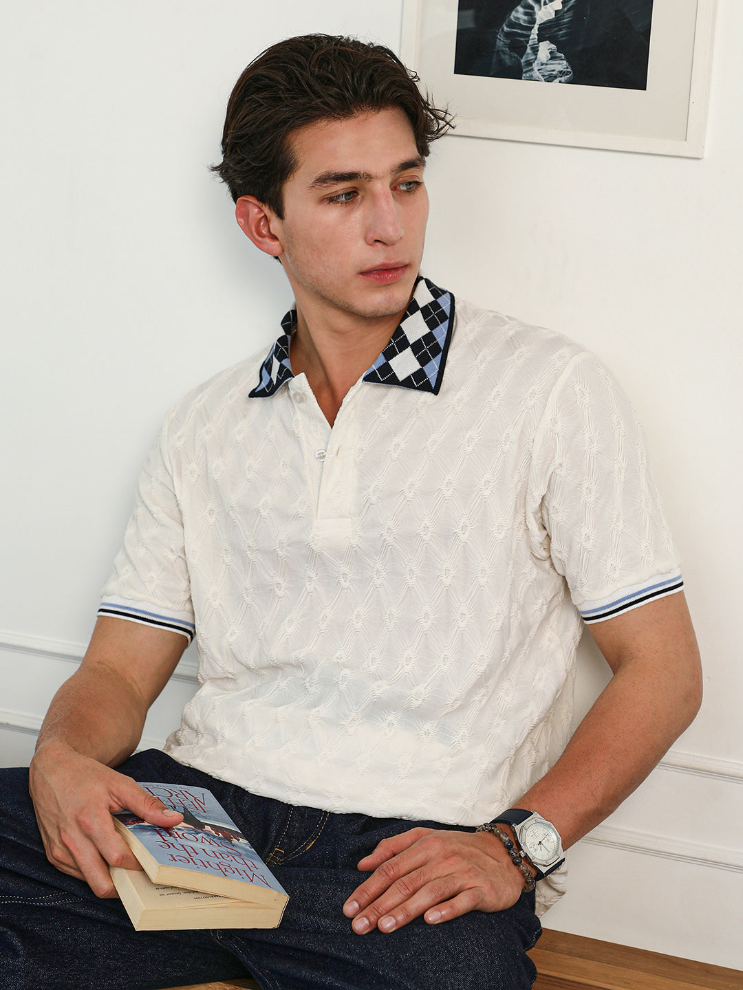 Block Argyle-Knit Polo T-Shirt