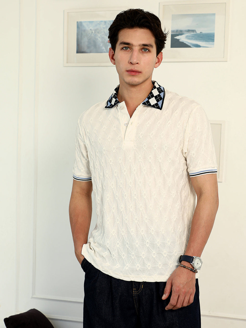 Block Argyle-Knit Polo T-Shirt