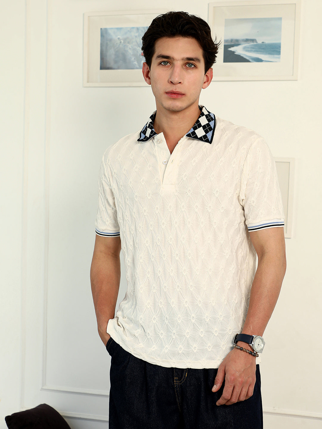 Block Argyle-Knit Polo T-Shirt