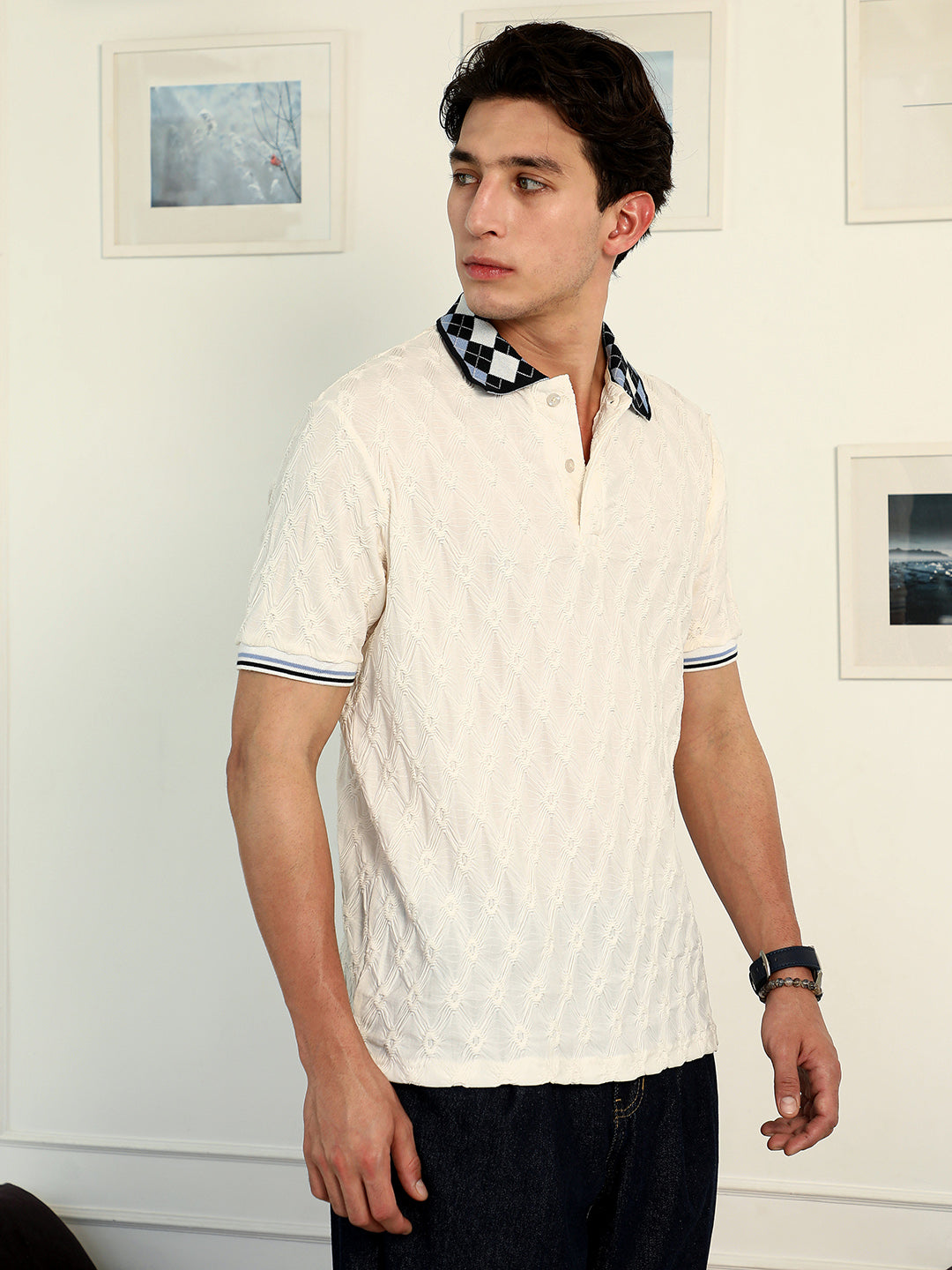 ₹899 | Men's Chalk White:Onyx Black Block Argyle-Knit Polo T